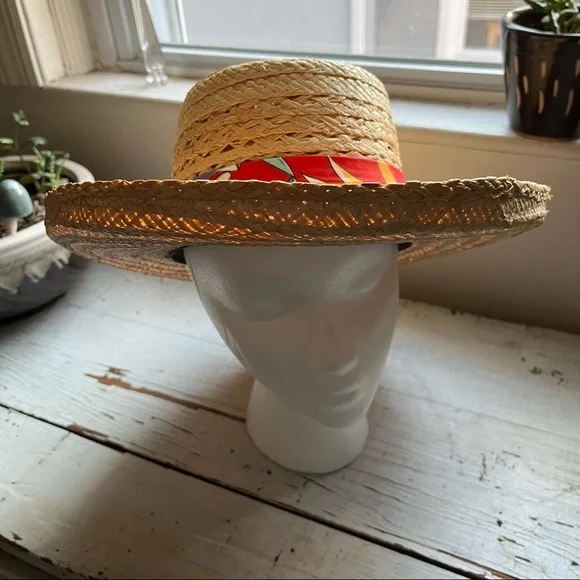 Raffia Straw Woven Tan Sun Hat with Tropical Band - Picture 6 of 13